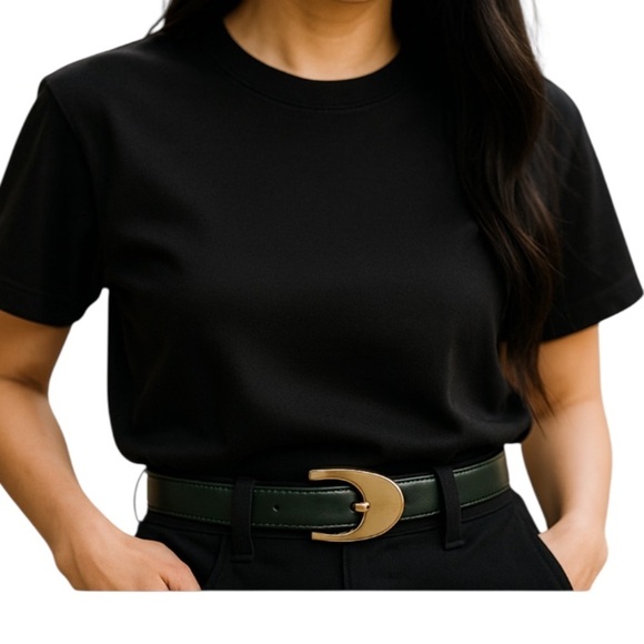 VINTAGE 90’s Liz Claiborne Fern Green Genuine Leather Belt Rubbed Gold Buckle M - Picture 1 of 11